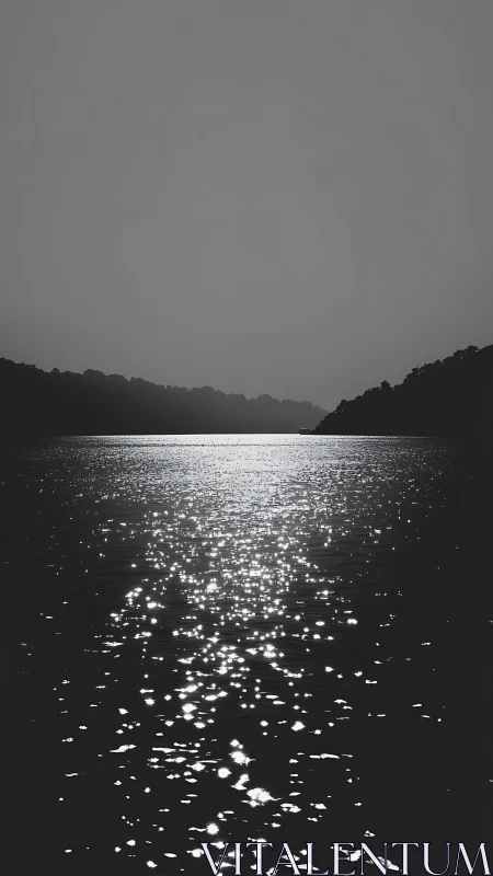 Silvery light shimmers across a tranquil river at dusk.