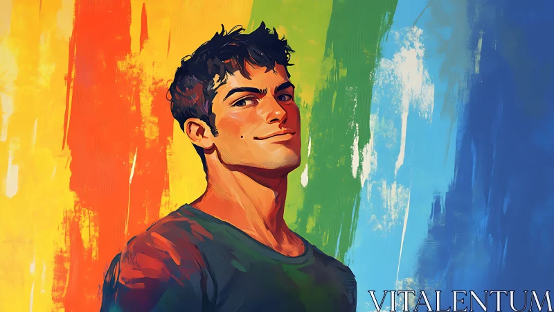 Confident young man stands before bold rainbow strokes.