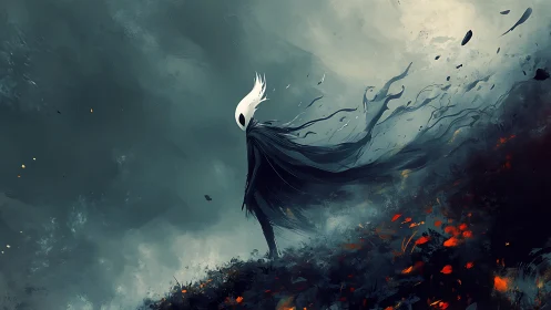 Lone white-masked wanderer moves through stormlit embers