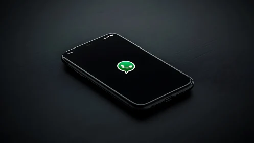 Black smartphone displays WhatsApp with glowing green icon.
