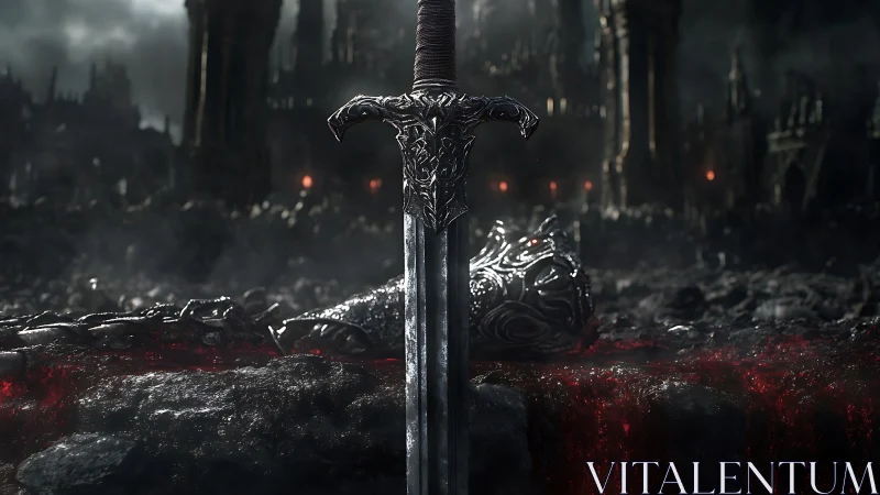 Runed battle sword stands over molten battlefield remains