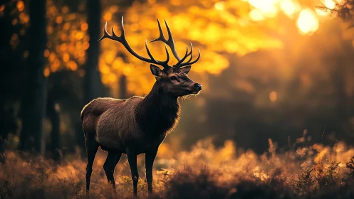Majestic stag stands in golden backlit autumn forest glow.