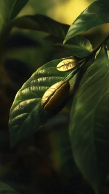 Golden coffee beans resting on lush green leaves in shade.