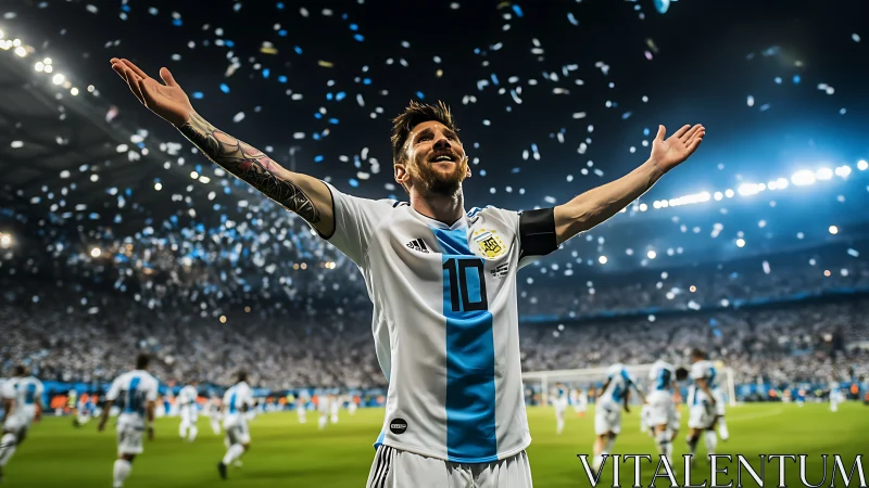 Triumphant soccer forward in stadium under confetti lights