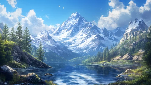 Snowcapped mountain towers above reflective alpine lake