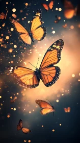 Glowing monarch butterflies drift through a dreamy golden dusk