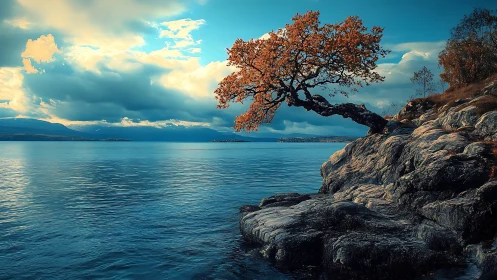 Solitary coastal tree leans over tranquil turquoise waters