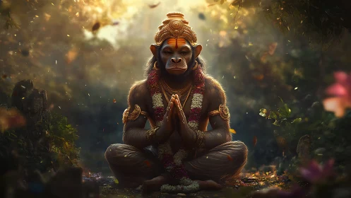 Simian deity in meditative forest shrine, cinematic lighting.