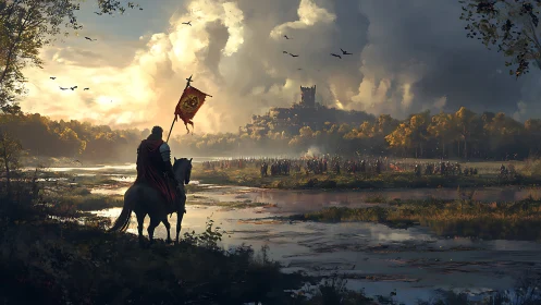 Lone banner rider surveys stormlit armies before the citadel.