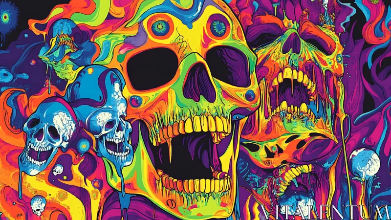 Psychedelic neon skulls scream across a melting cosmic void.