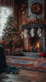 Firelit Christmas hearth wrapped in storybook winter magic.