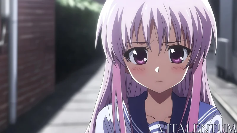 Soft pink haired schoolgirl walks down a quiet alleyway