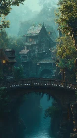Foggy river bridge beneath tiered fantasy timber village