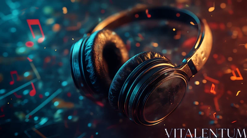 Closed-back headphones with bokeh particles and neon music glyphs