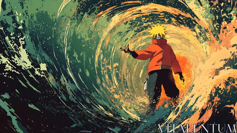 Anime figure stands before swirling energy vortex field