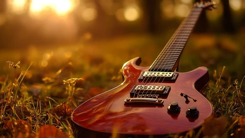 Photorealistic sunlit electric guitar in autumn field composition.