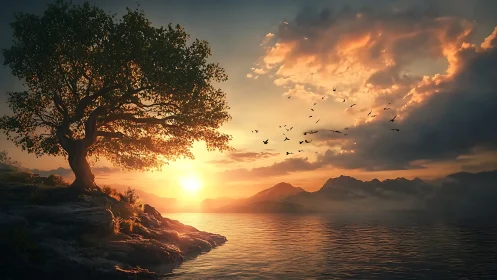 Lone coastal tree against sunset over calm mountain lake.