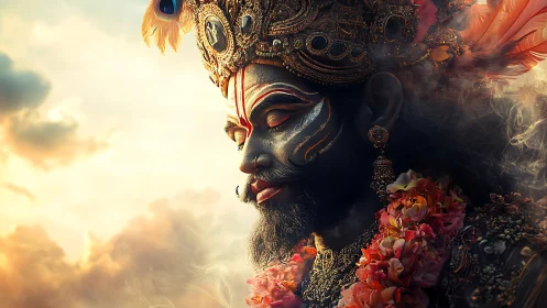 Divine dusk drapes a jeweled warrior in molten quiet