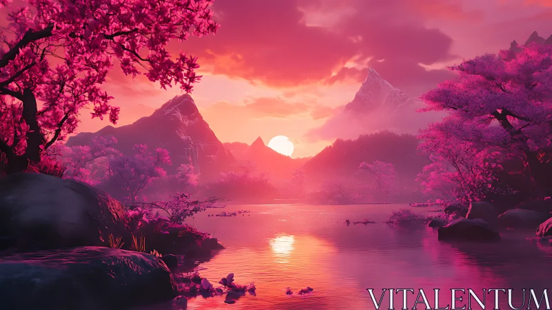 Chromatic sunset over magenta forest lake with distant peaks