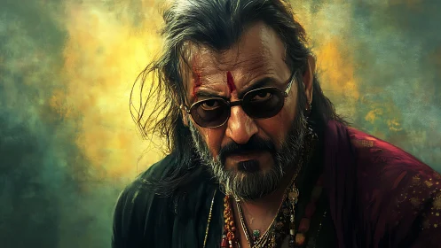 Cinematic digital portrait of stern bearded man with tilak mark