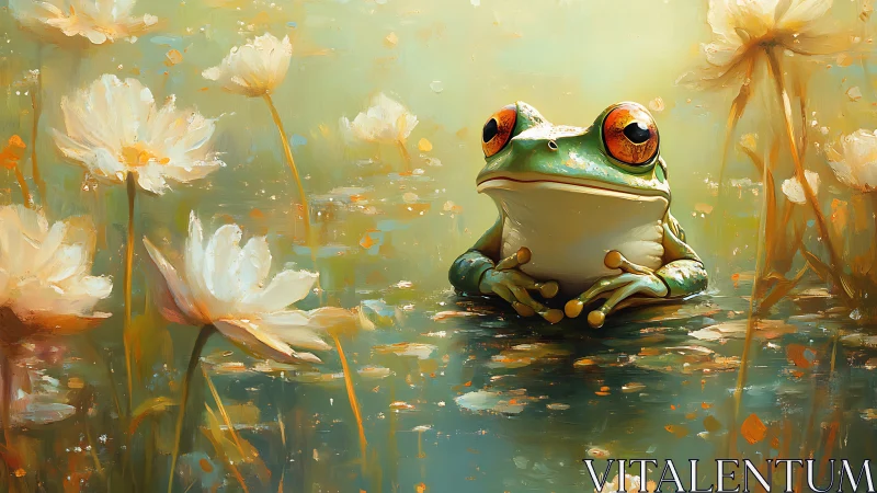 Dreamy lily pond with wide-eyed frog in soft pastels.