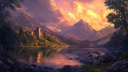 Twilight castle stronghold beside alpine lake under glowing sky