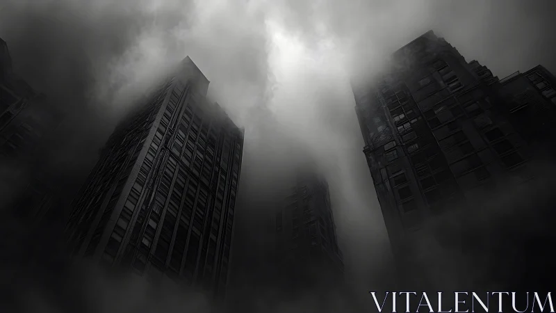 Monolithic skyscrapers dissolve into dense industrial fog.