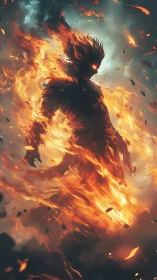 Emberborn titan strides through stormlit inferno skyward.