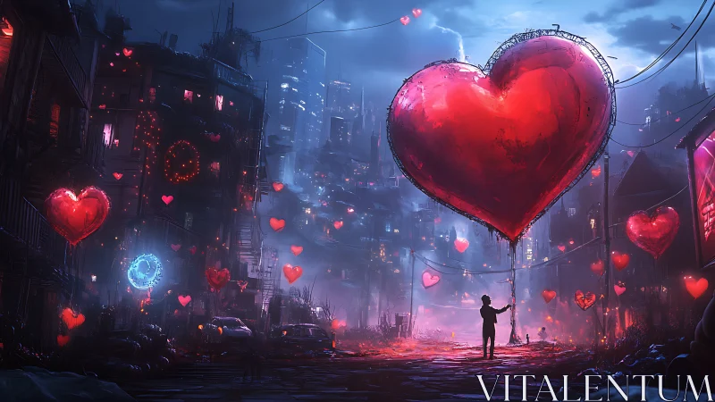 Neon Hearts Float Through Dystopian Cityscape at Dusk
