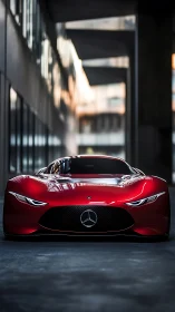 Crimson Mercedes supercar prowls a shadowed urban canyon.