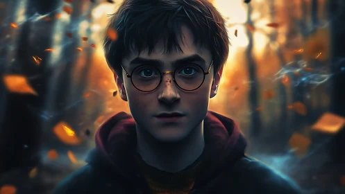 Young person with glasses in autumn forest environment.