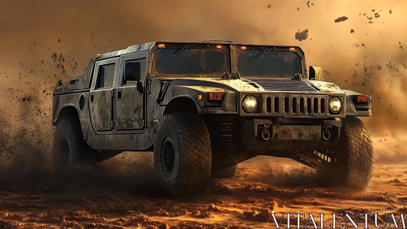 Armored off road utility vehicle driving through loose mud.