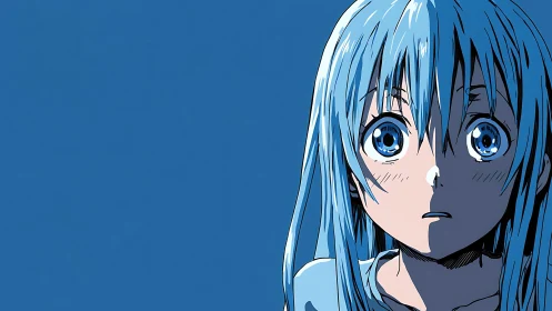 Close-up blue-haired anime character in shocked frontal portrait