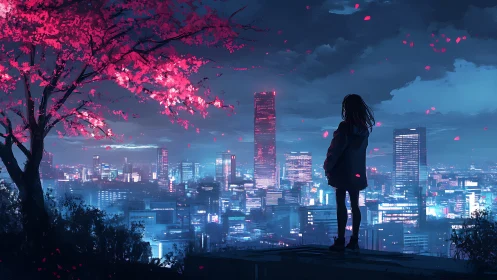 Nocturnal skyline study with neon core and sakura foreground.