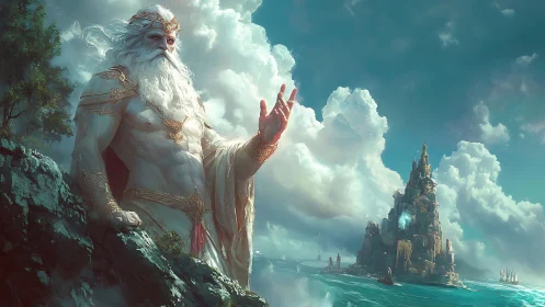 Colossal sea deity overlooks fortified ocean citadel under storm clouds