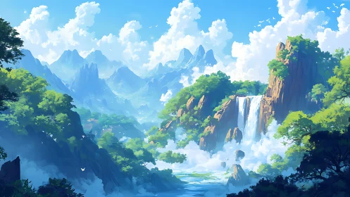 Layered mountain waterfall vista uses atmospheric depth cues and light