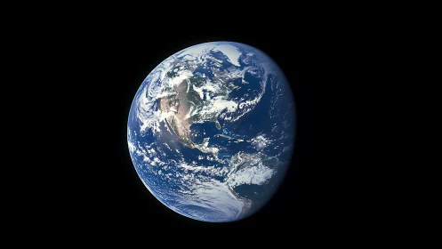 Gentle blue Earth floats in quiet space, wrapped in bright clouds