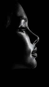 Side-lit female profile in dramatic monochrome contrast.