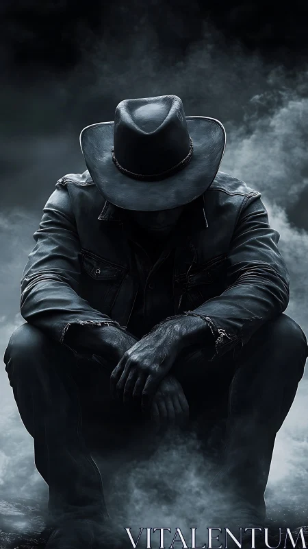 Solitary cowboy silhouette in dark cinematic smoke scene.