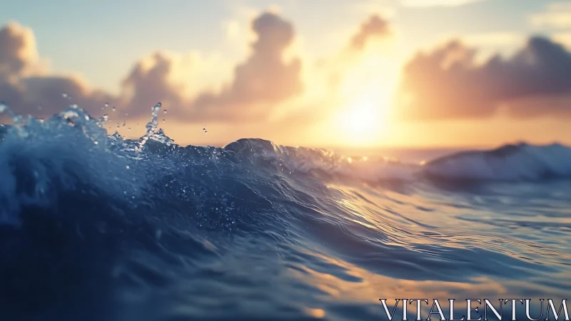 Low-angle ocean wave crest under warm volumetric sunset lighting