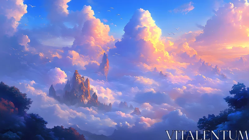 Dreamy sunrise temples drifting above glowing clouds.