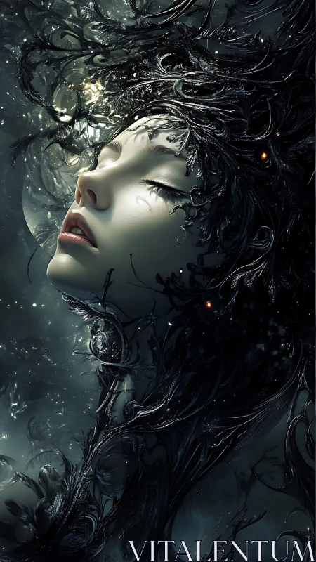 Female face entwined with dark organic tendrils in void.