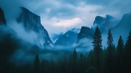Soft morning mist drifts through calm blue mountain cliffs