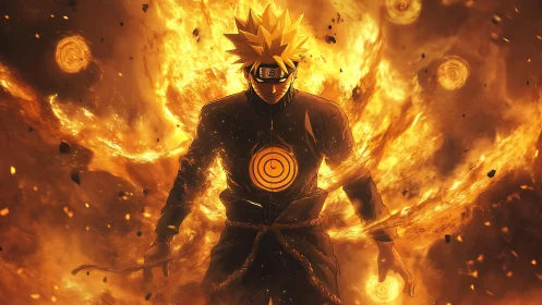 Fiery anime hero stands empowered within swirling light