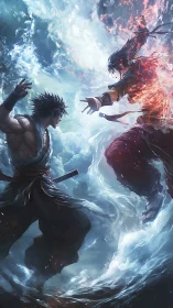 Stormblade versus Emberfist in swirling elemental showdown.