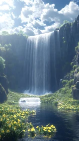 Vertical cascade illuminates floral basin in soft volumetric light