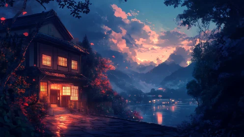 Cozy riverside inn glowing beneath a dreamy evening sky.