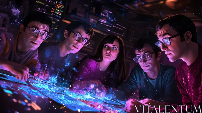 Focused tech team studies glowing holographic interface.