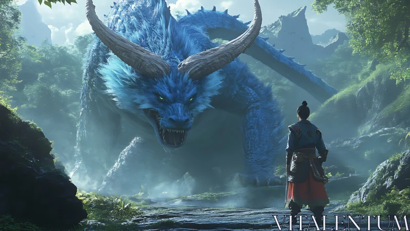 Quiet courage before the mist-blue forest dragon’s roar.