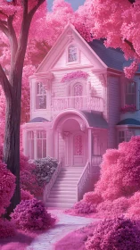 Digital painting of pastel Victorian house in pink gardenscape.